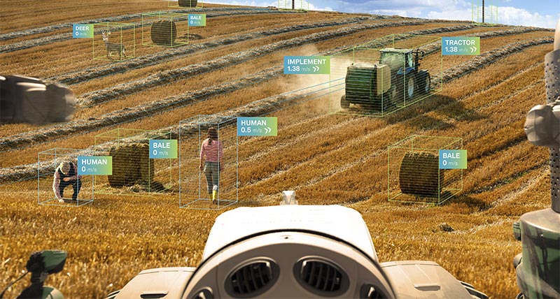 View from inside tractor of a field with various objects labeled
